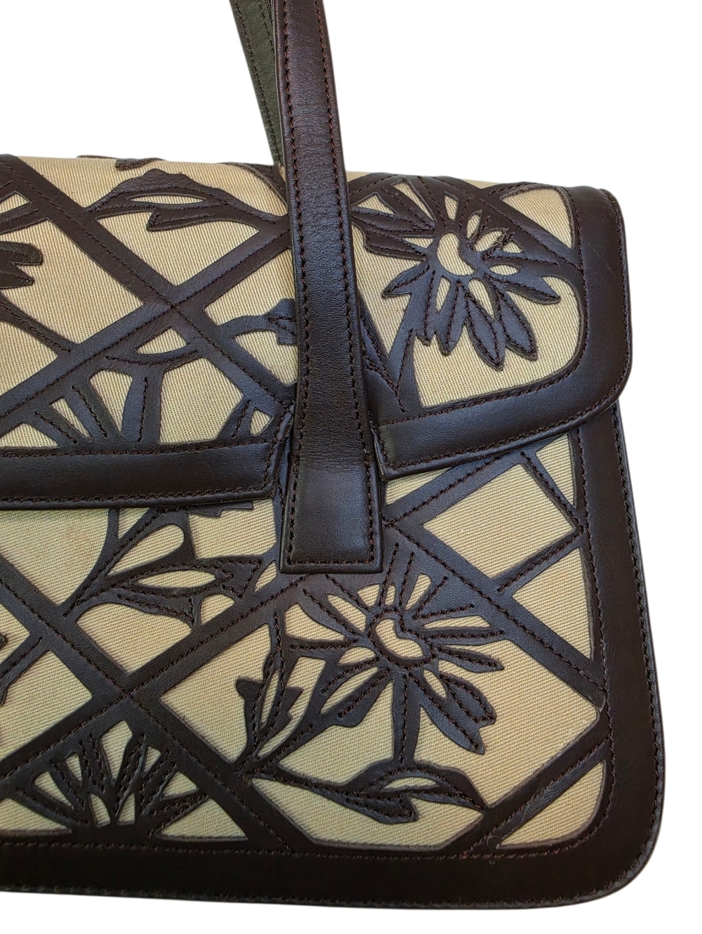 BCBGMAXAZRIA Vintage Floral Cutout Leather Canvas Satchel - Picture 2 of 6